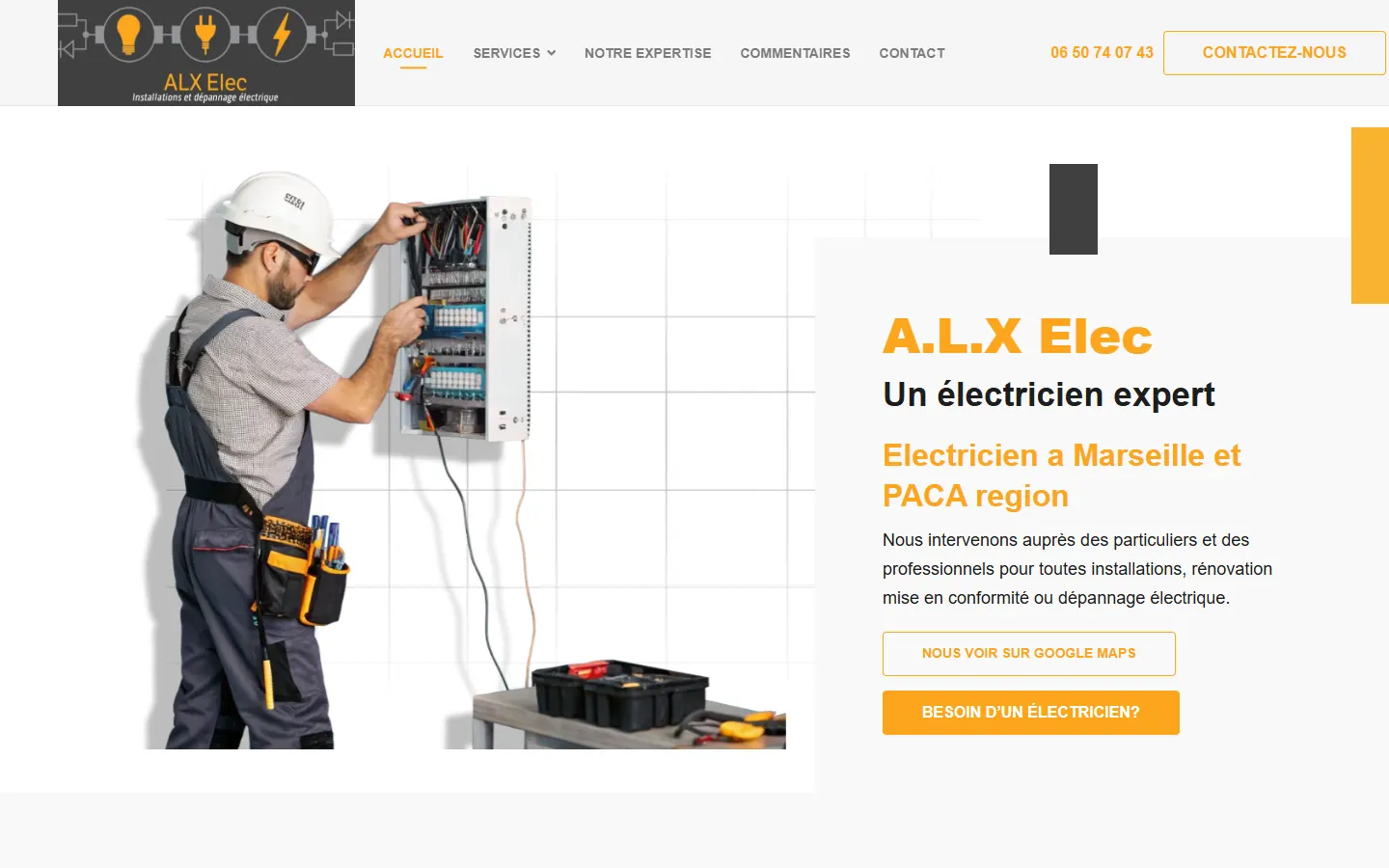 Первый экран сайта электрика ALX Elec в Марселе