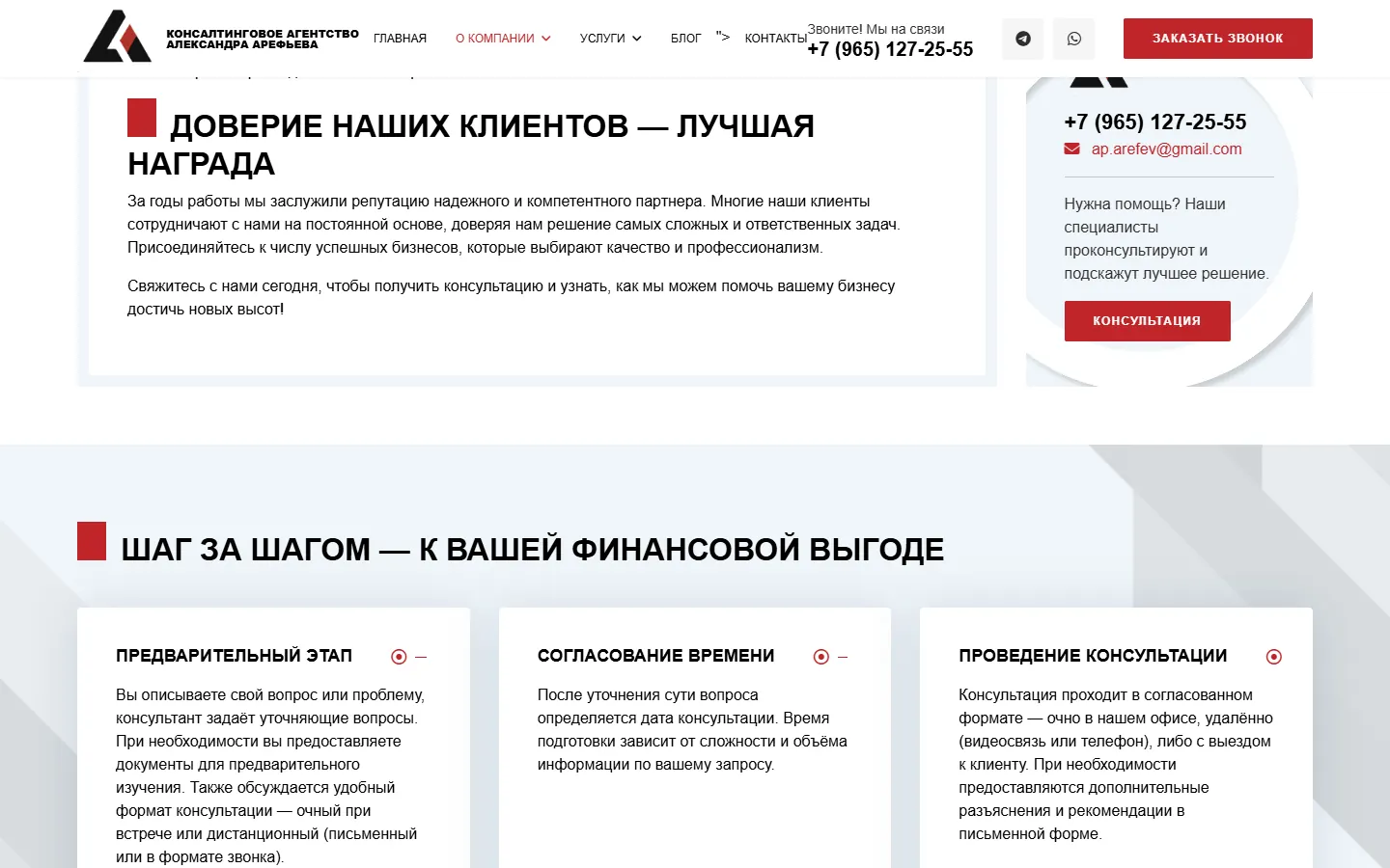 Этапы проведения консультации на сайте агентства Арефьева